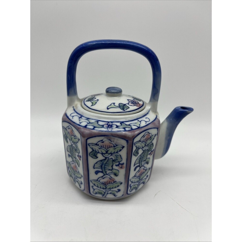 Vintage Teapot Pink Blue Chinoiserie Cottagecore Asian Flare Decor